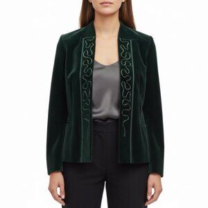 Galerias Preciados Womens Green Velvet Embroidered Open Front Blazer Sz 46